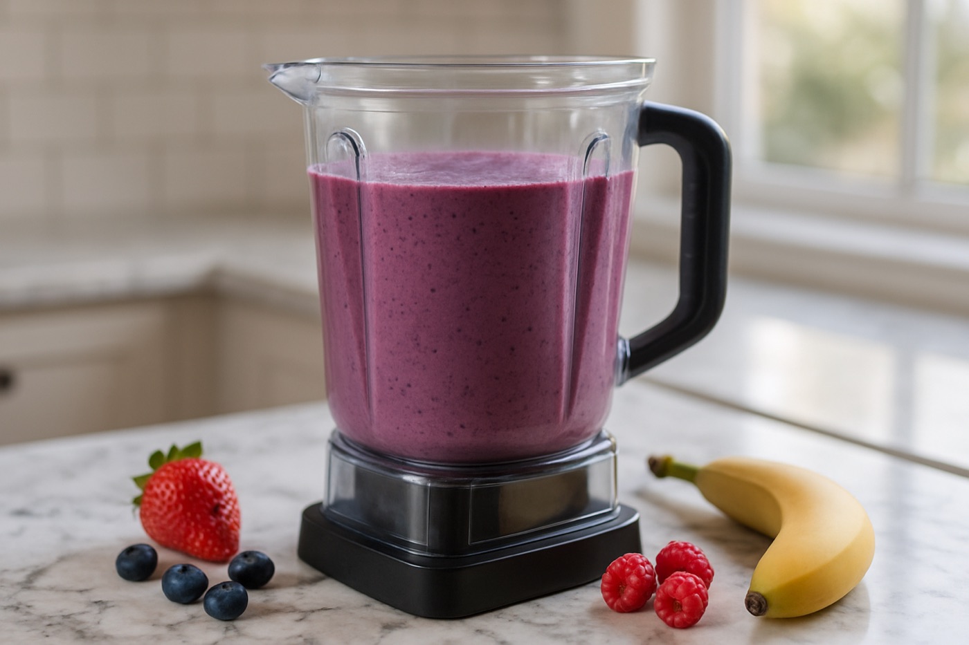 A countertop blender full of a purple berry smoothie on a marble counter with fresh berries and a banana