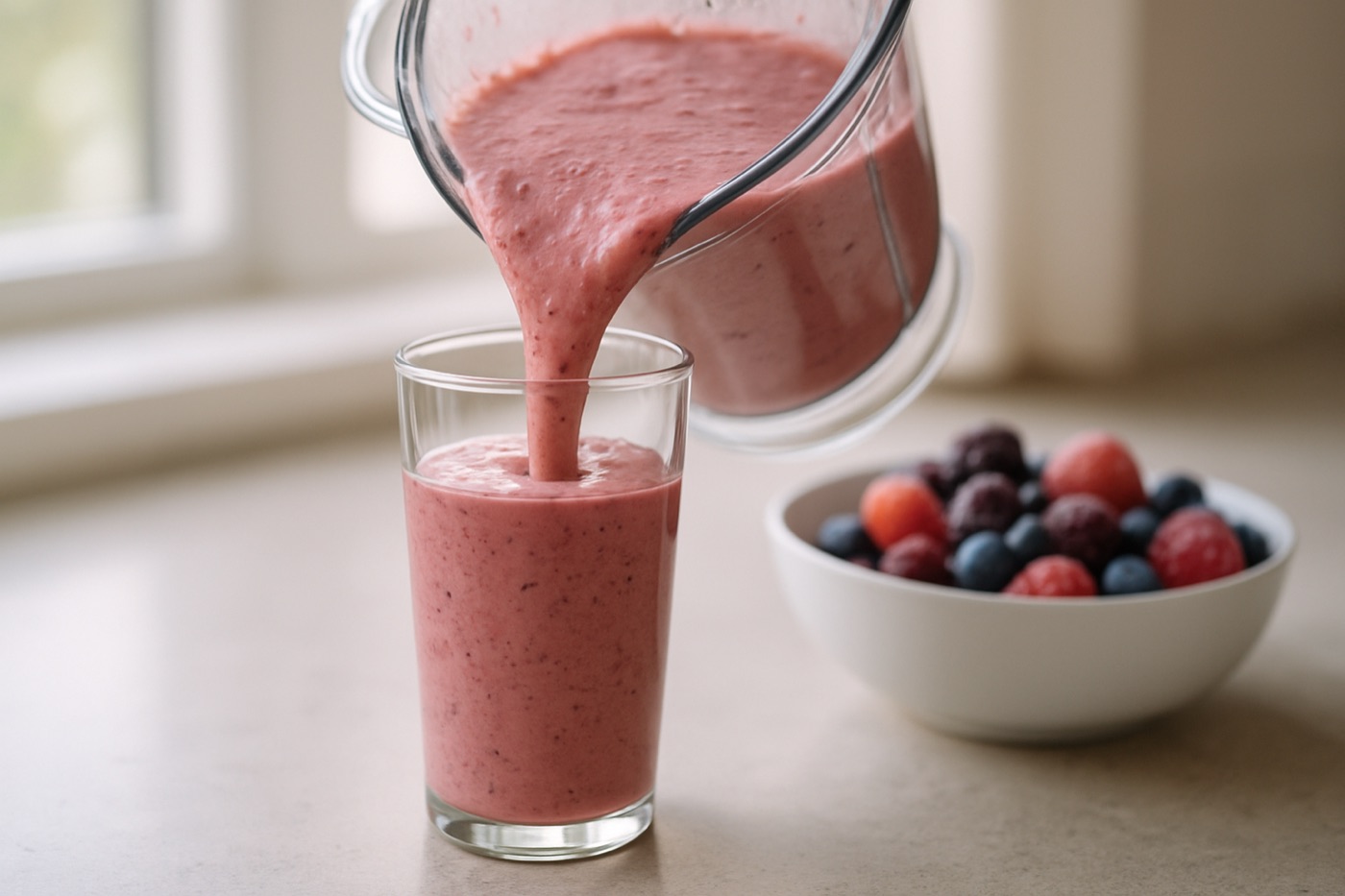 A thick smoothie being poured from a blender jar into a tall glass