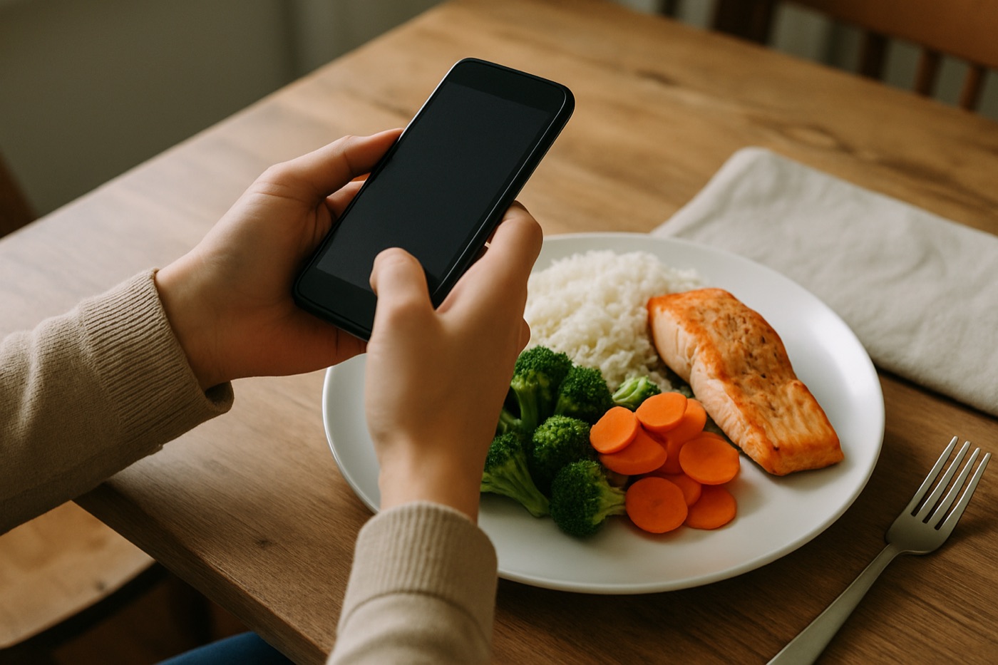 A person photographing a home-cooked plate of salmon, rice and vegetables with a phone