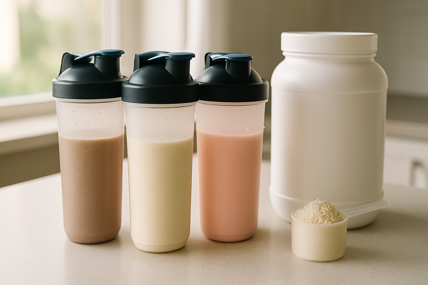 Three unbranded shaker bottles with chocolate, vanilla and strawberry protein shakes on a kitchen counter