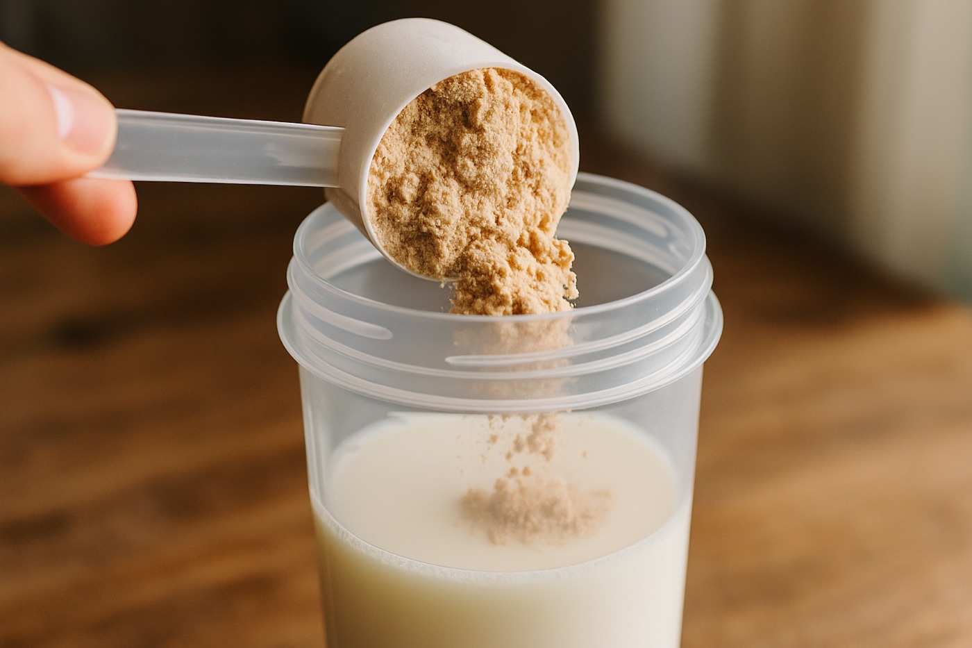 A scoop of protein powder being tipped into a shaker bottle with milk