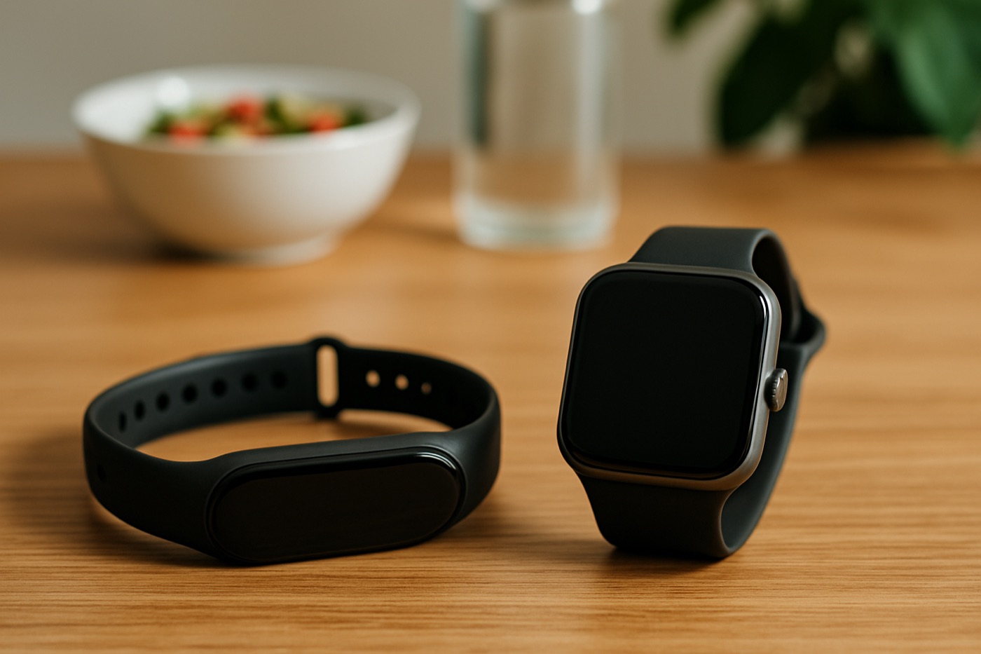A slim fitness band and a larger smartwatch with blank screens on a wooden desk