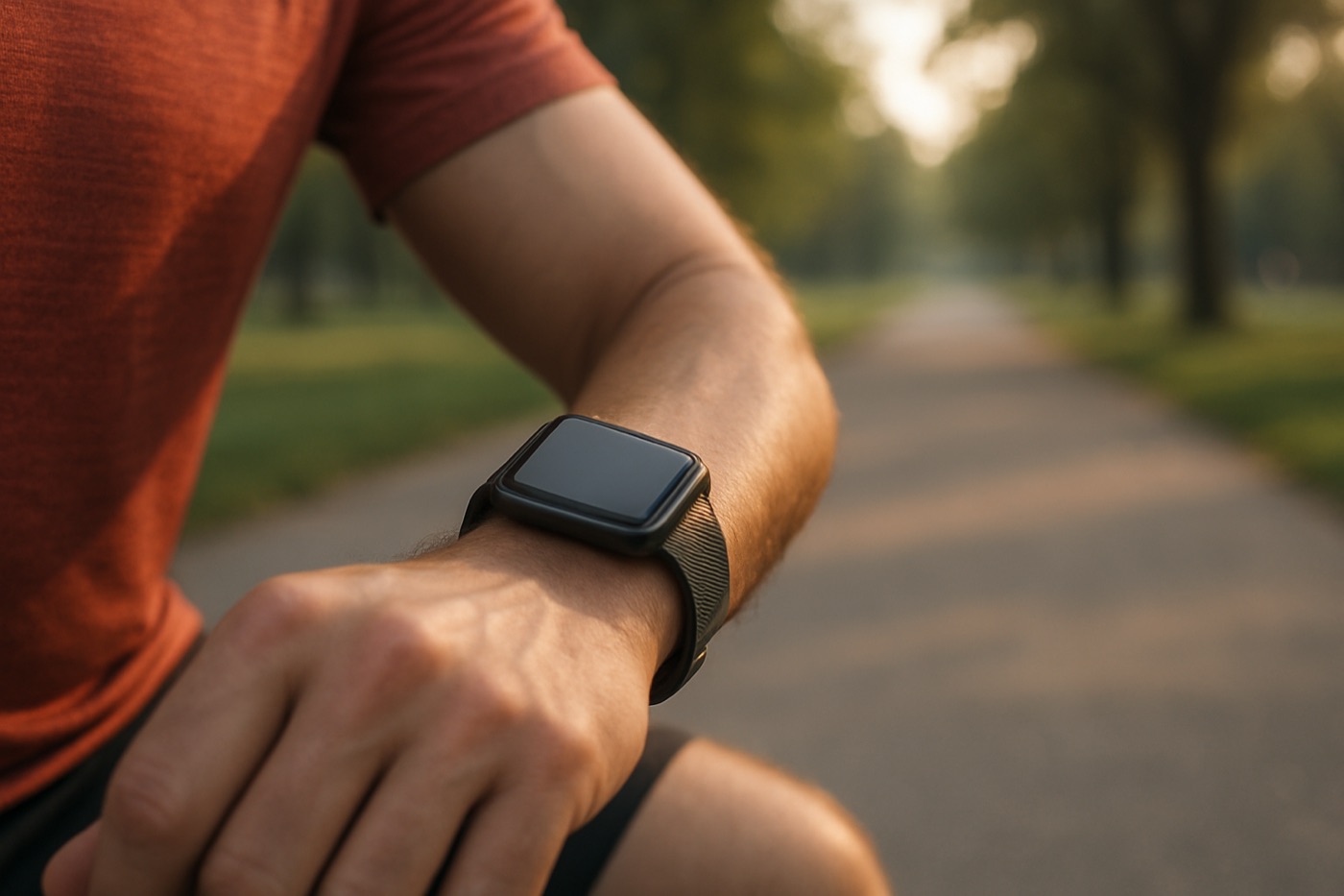 A runner's wrist wearing a smartwatch with a blank screen in an outdoor park