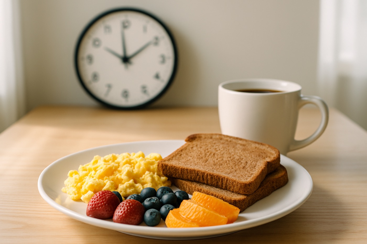 A late breakfast of eggs, toast and fruit with black coffee and a wall clock showing noon