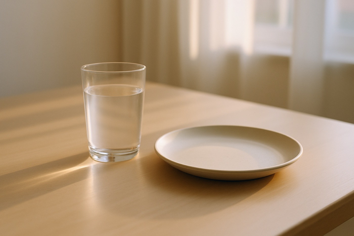 A glass of water and an empty plate on a minimalist table in morning light