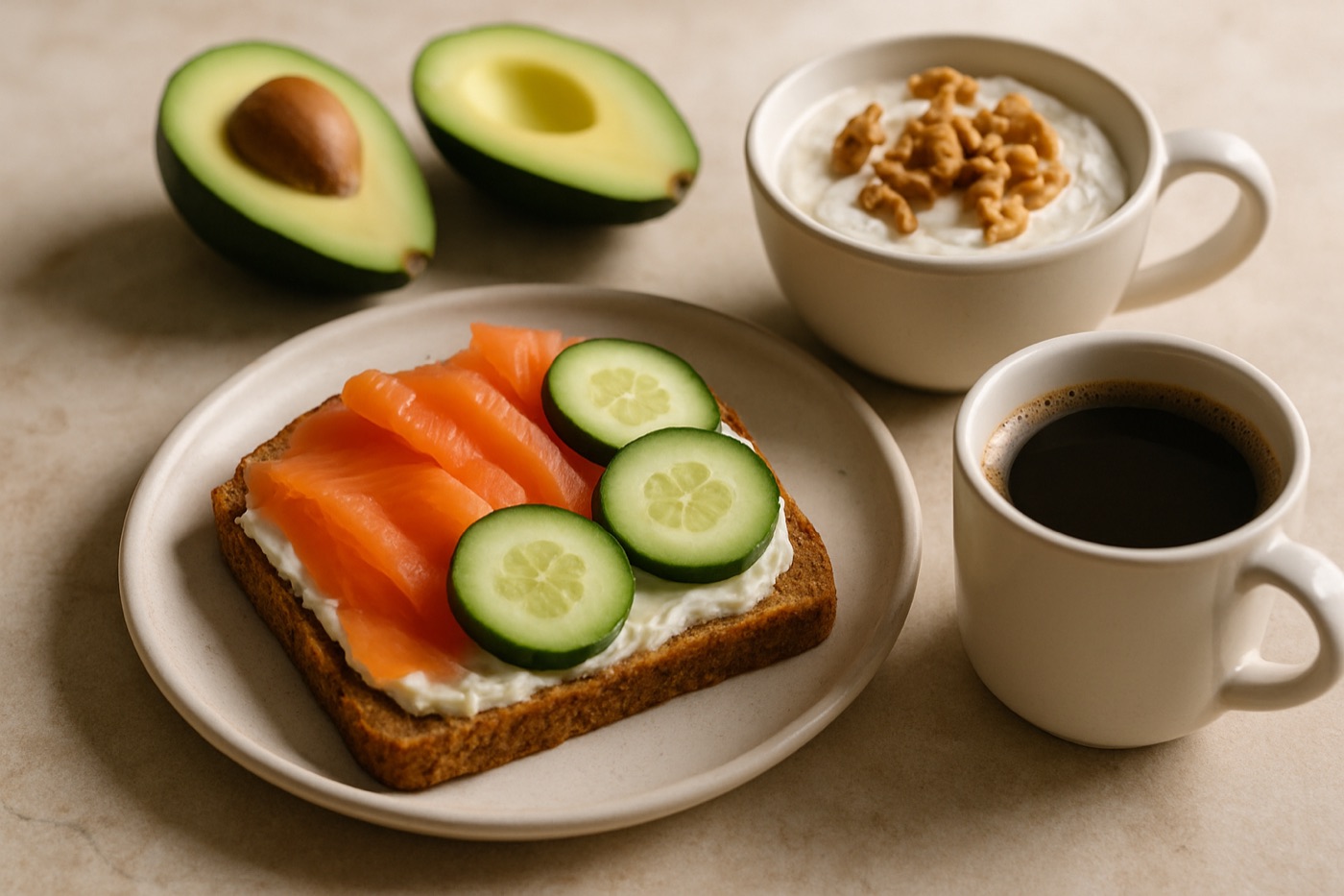 Smoked salmon on cream cheese with cucumber, a bowl of full-fat Greek yogurt with walnuts, avocado and coffee