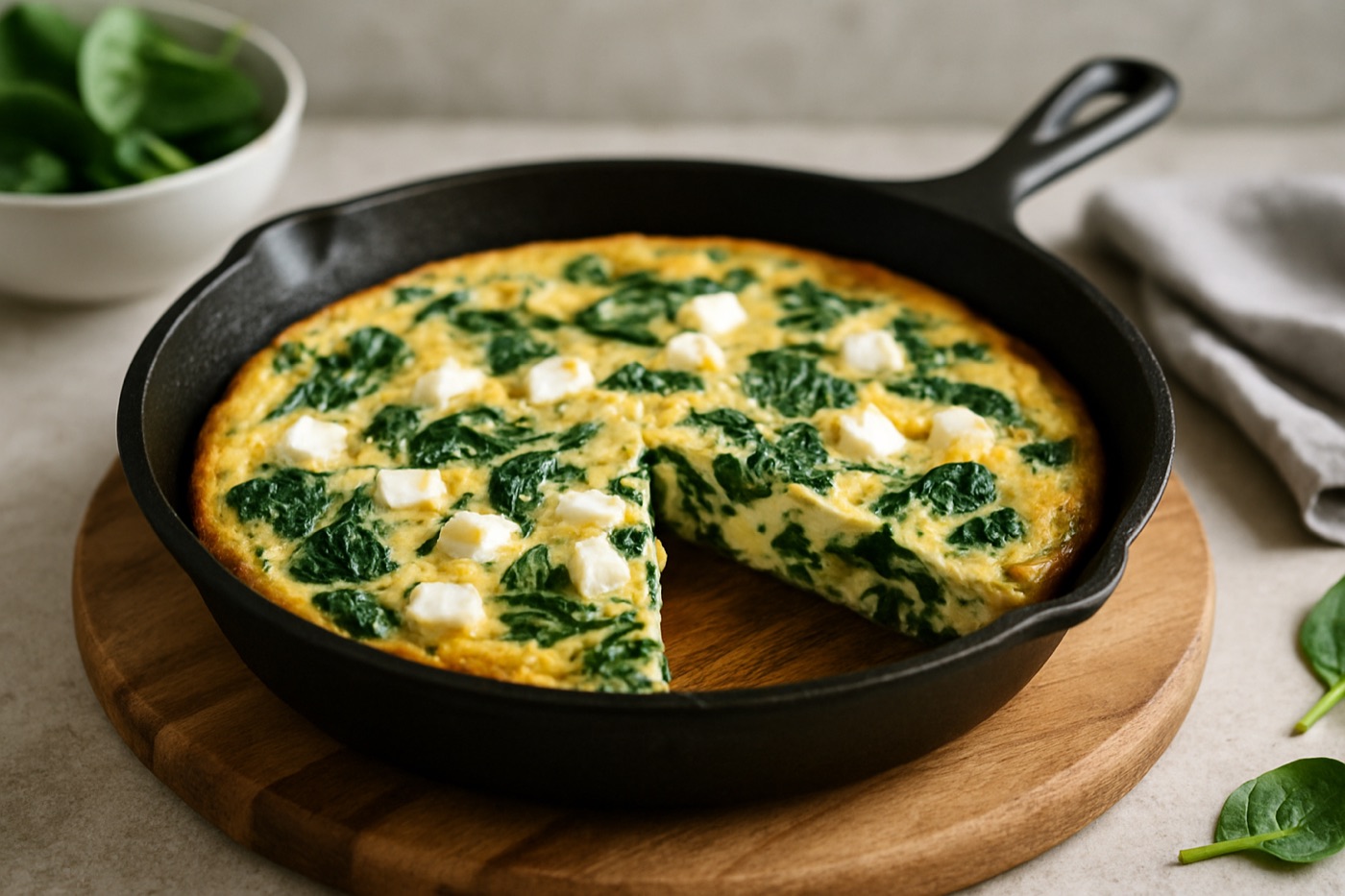 Spinach and feta frittata in a cast iron skillet with one slice cut out