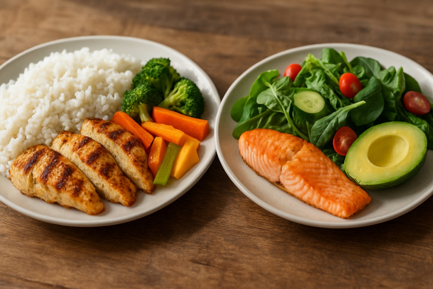 A training-day plate with rice, chicken and vegetables next to a rest-day plate with salmon, avocado and salad