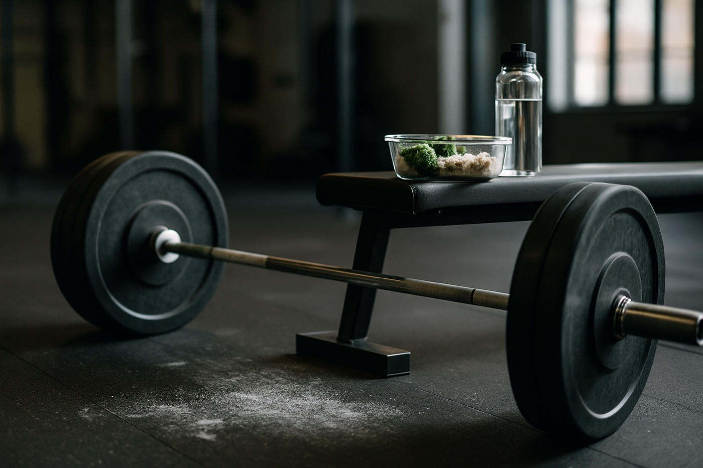 Loaded barbell on a gym floor with chalk dust and a meal prep container on a bench