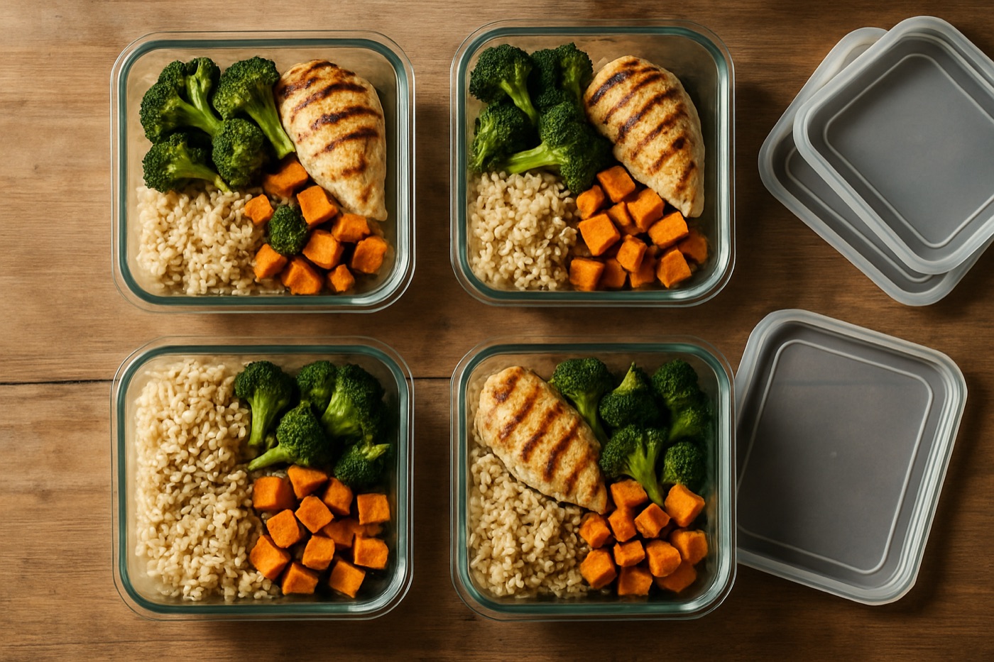 Glass meal prep containers with chicken, brown rice, broccoli and sweet potato on a wooden table