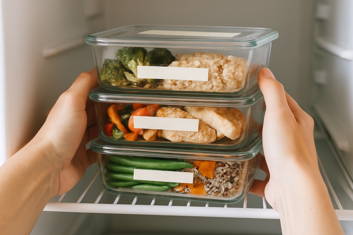 Hands placing glass meal prep containers onto a refrigerator shelf