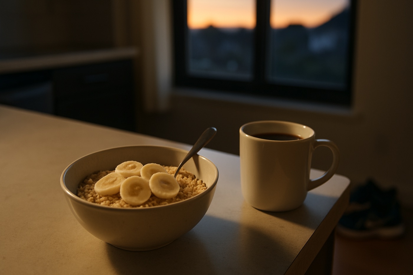 A pre-workout breakfast of oatmeal with banana and coffee at dawn, running shoes in the background