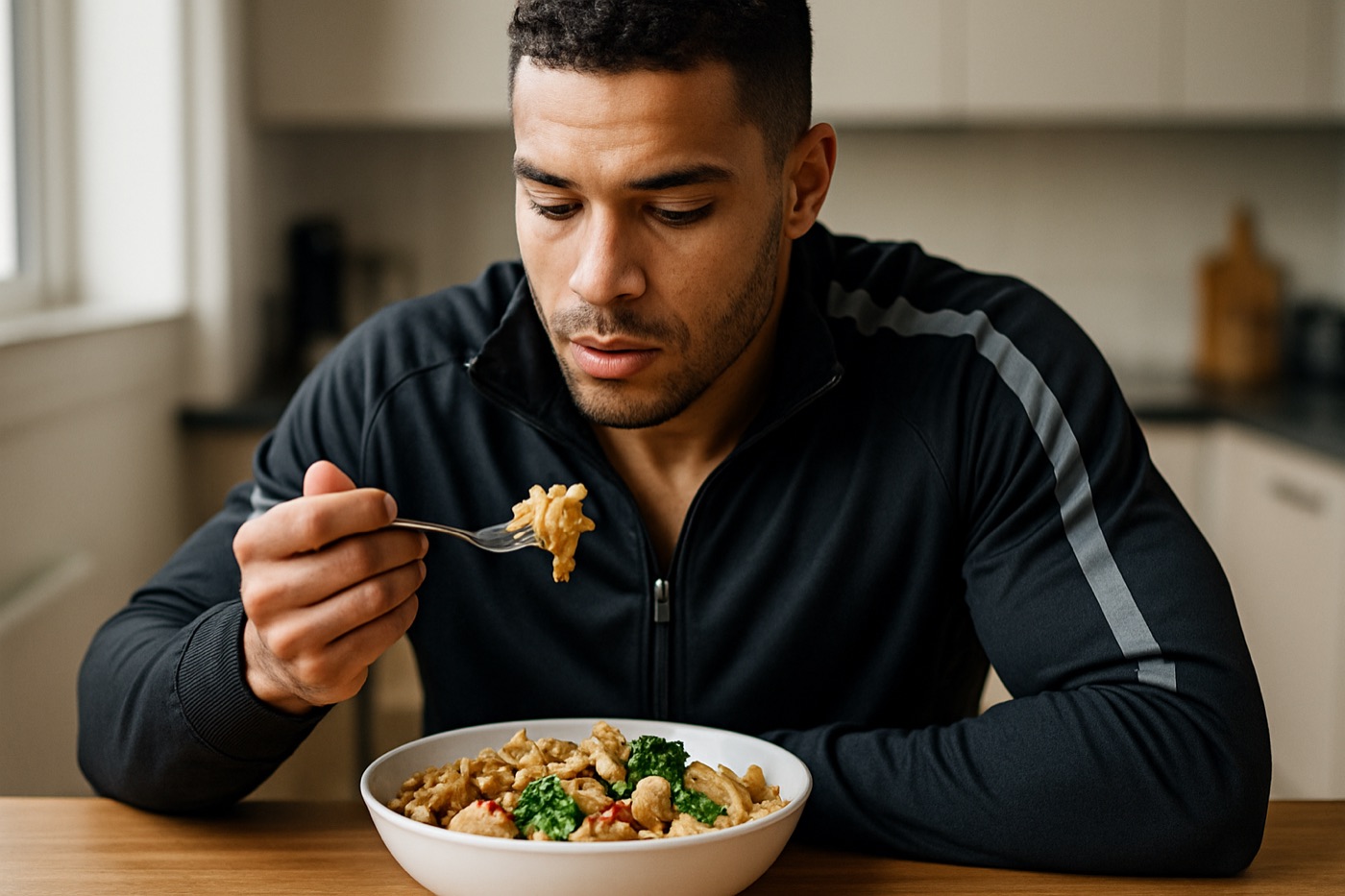 An athlete eating a bowl of pasta with chicken and vegetables after practice