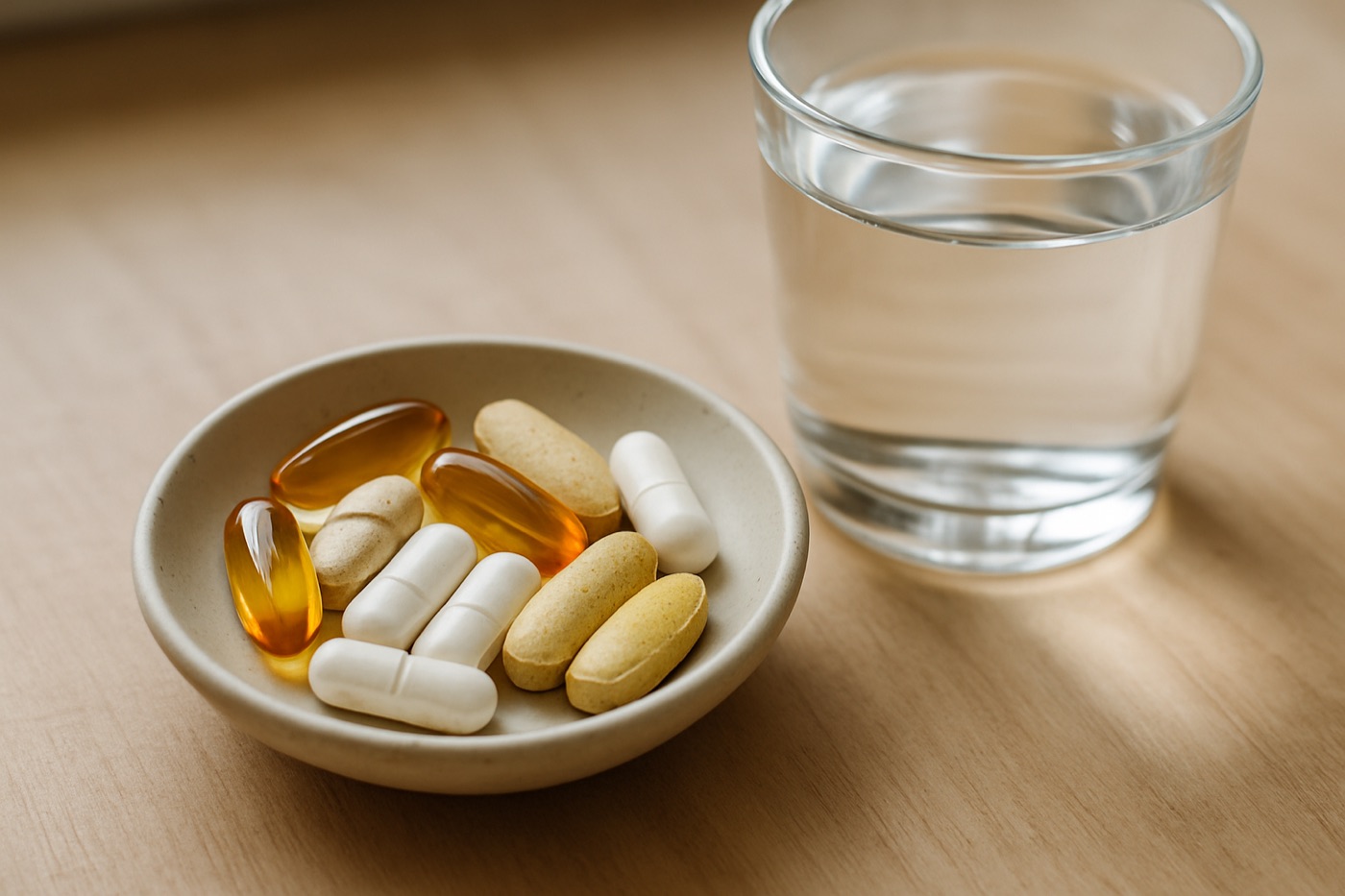 Assorted vitamin capsules and tablets in a ceramic dish beside a glass of water