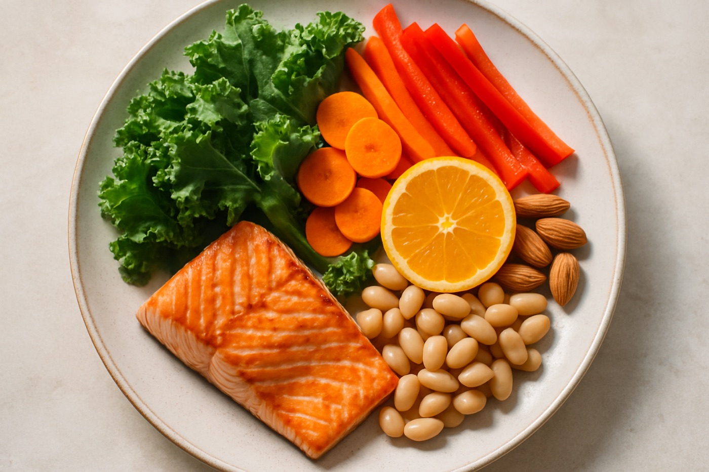 A nutrient-rich plate of salmon, leafy greens, colorful vegetables, beans, citrus and nuts