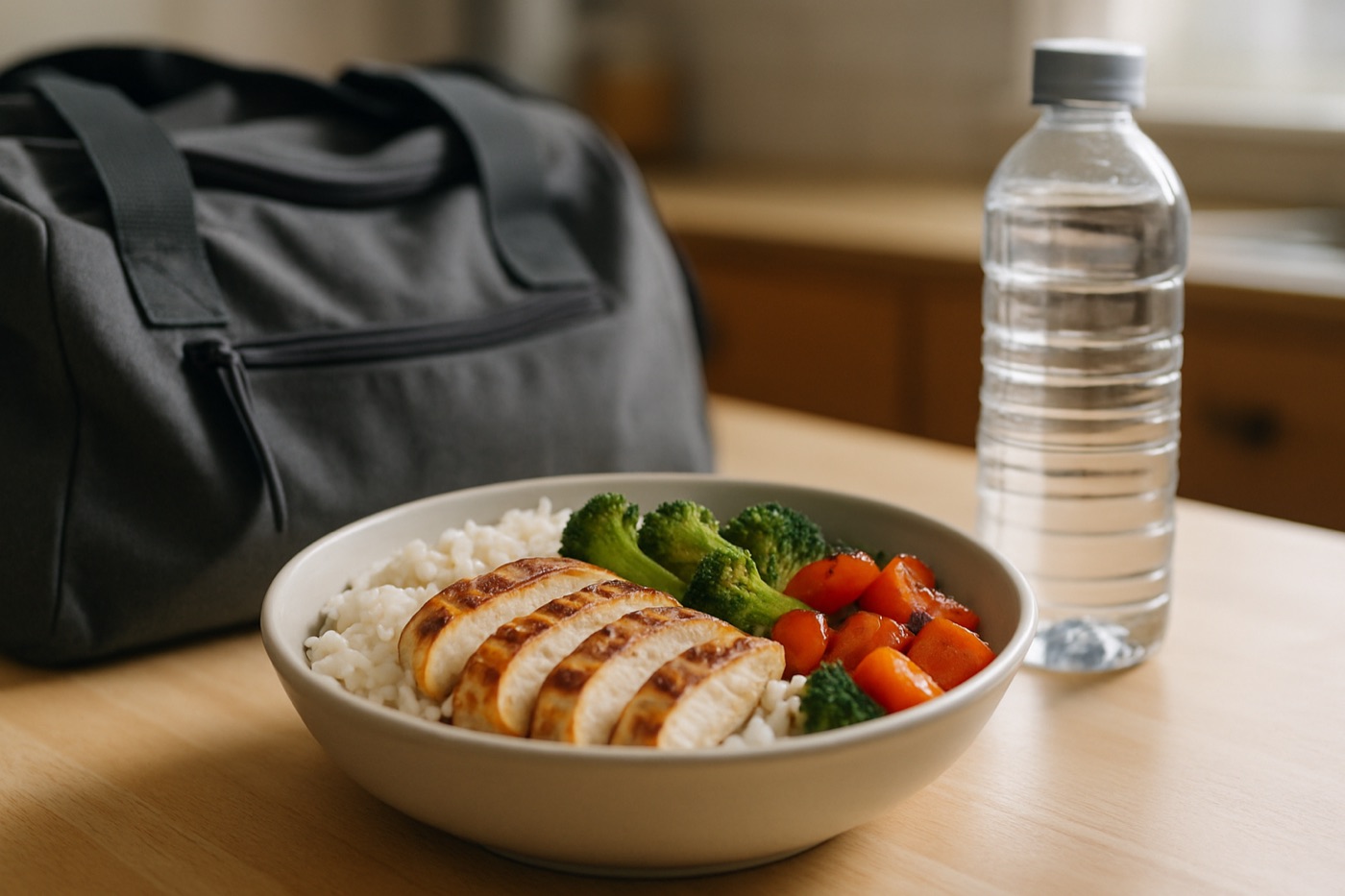 A bowl of rice with grilled chicken and vegetables next to a gym bag and water bottle