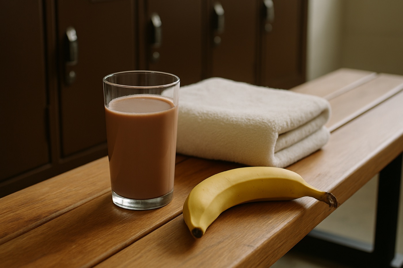 A glass of chocolate milk and a banana on a locker room bench beside a towel