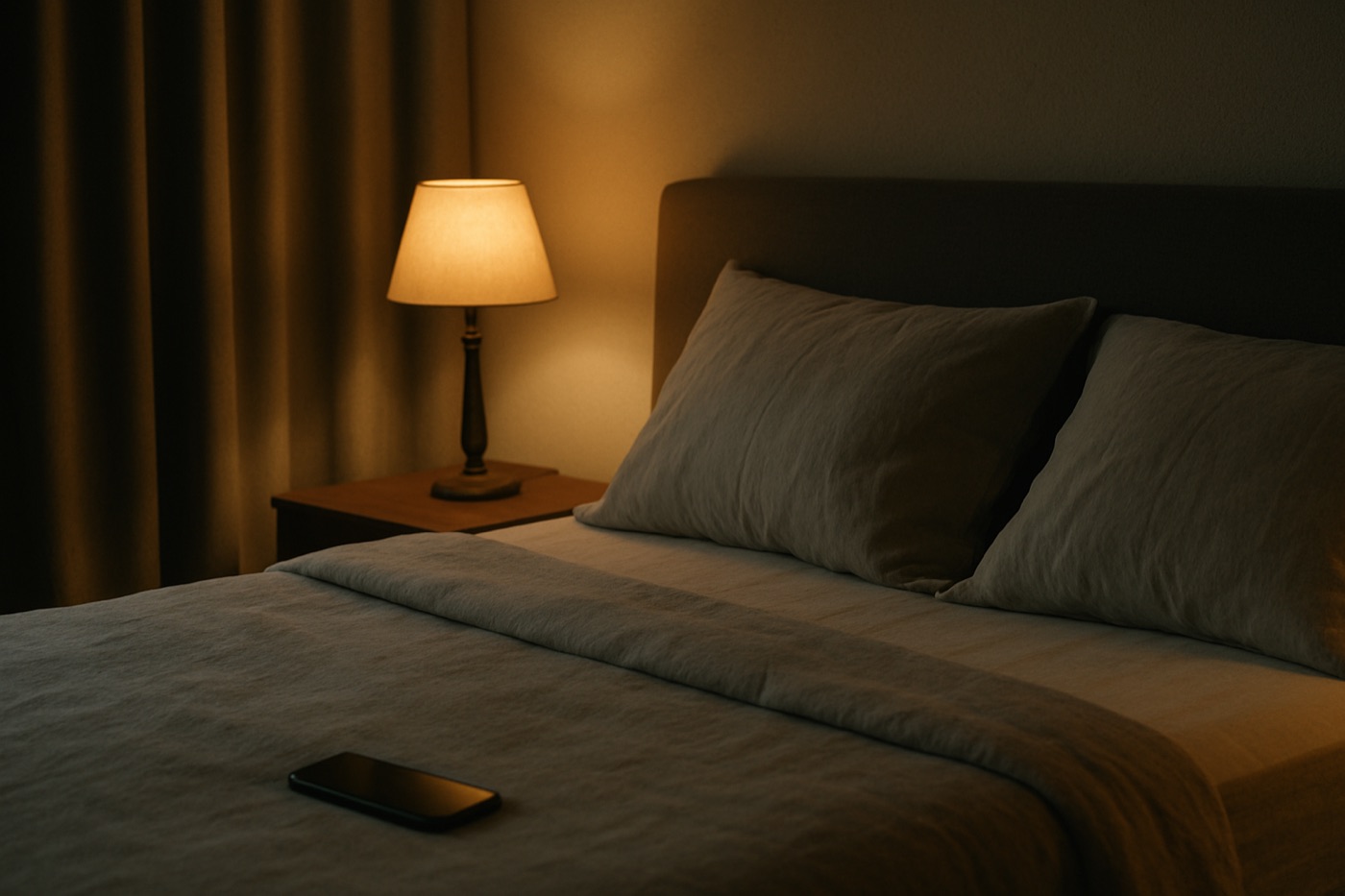 Calm bedroom at night with a made bed, warm bedside lamp and blackout curtains