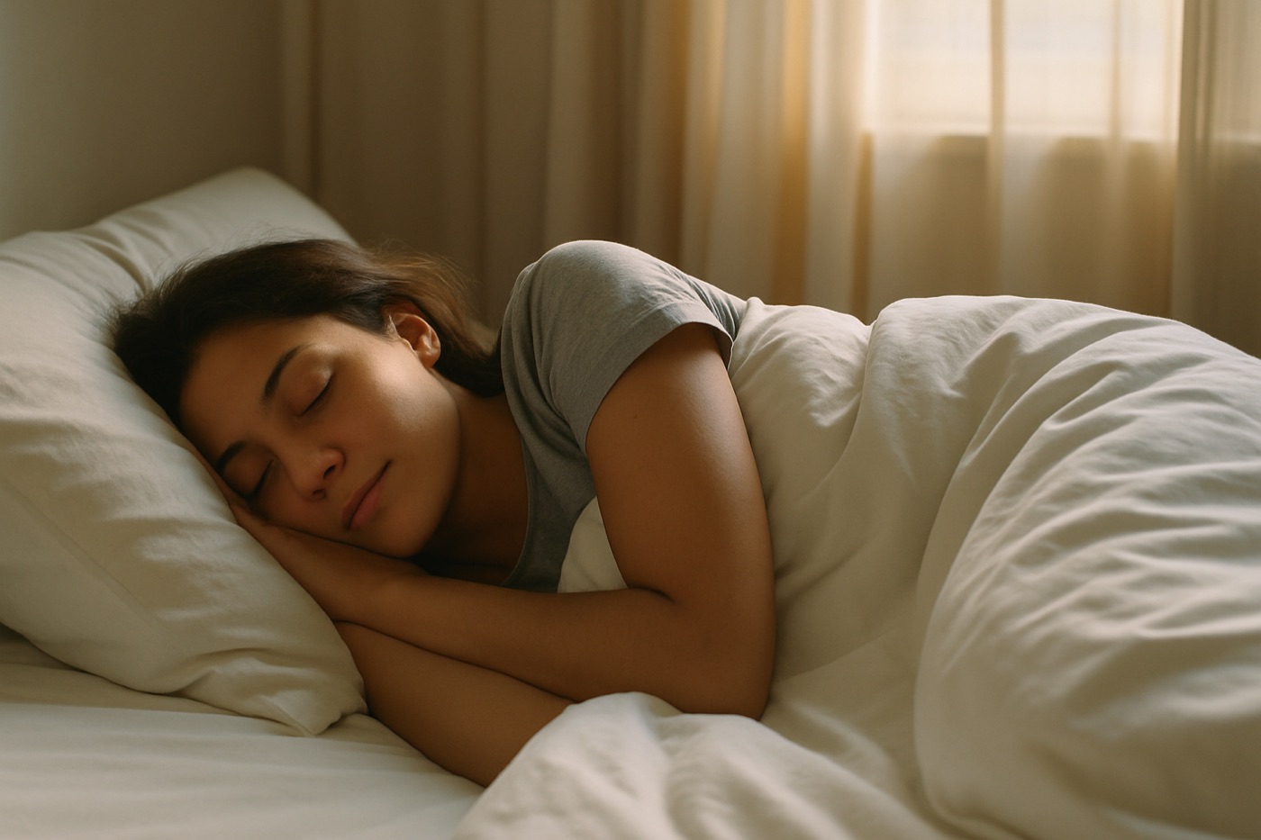 Person sleeping peacefully under a duvet in soft early morning light