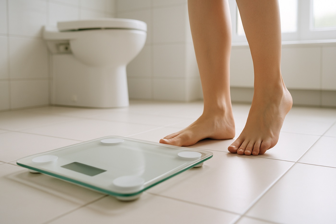 Bare feet about to step onto a glass bathroom scale on a white tile floor
