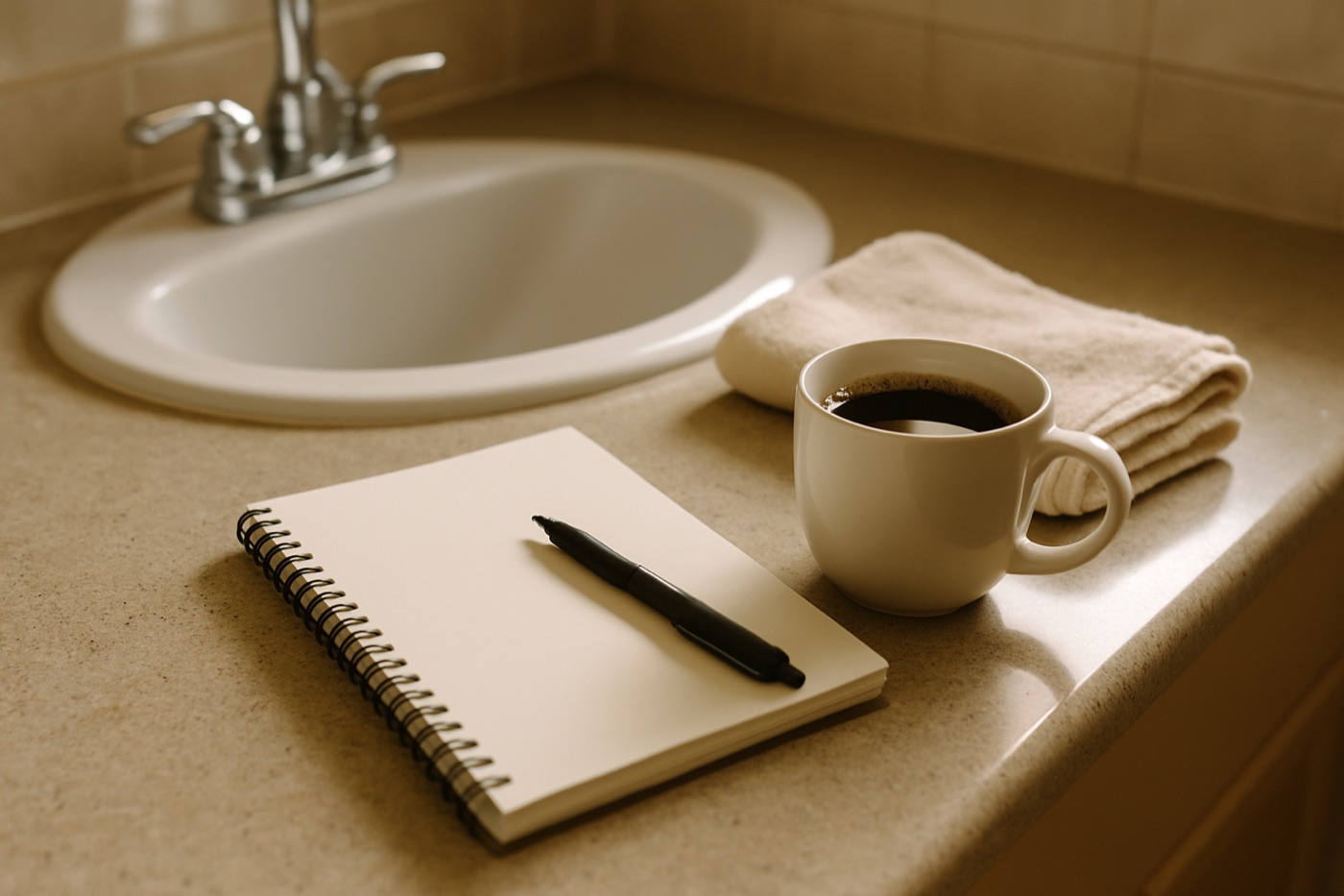 A notebook, pen and coffee on a bathroom counter as part of a morning routine