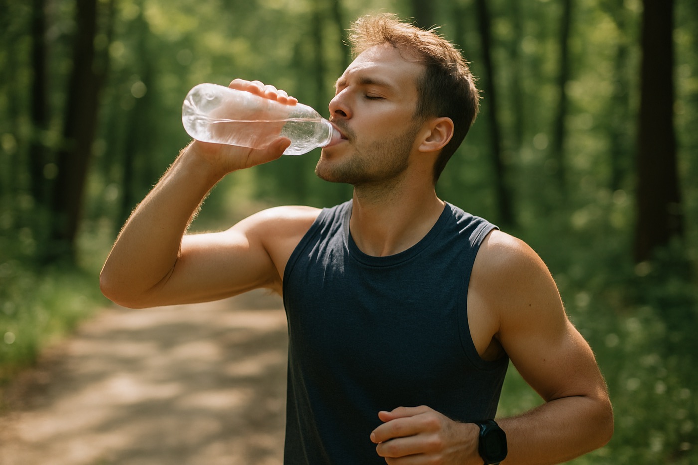 A runner drinking from a water bottle on a sunny forest trail