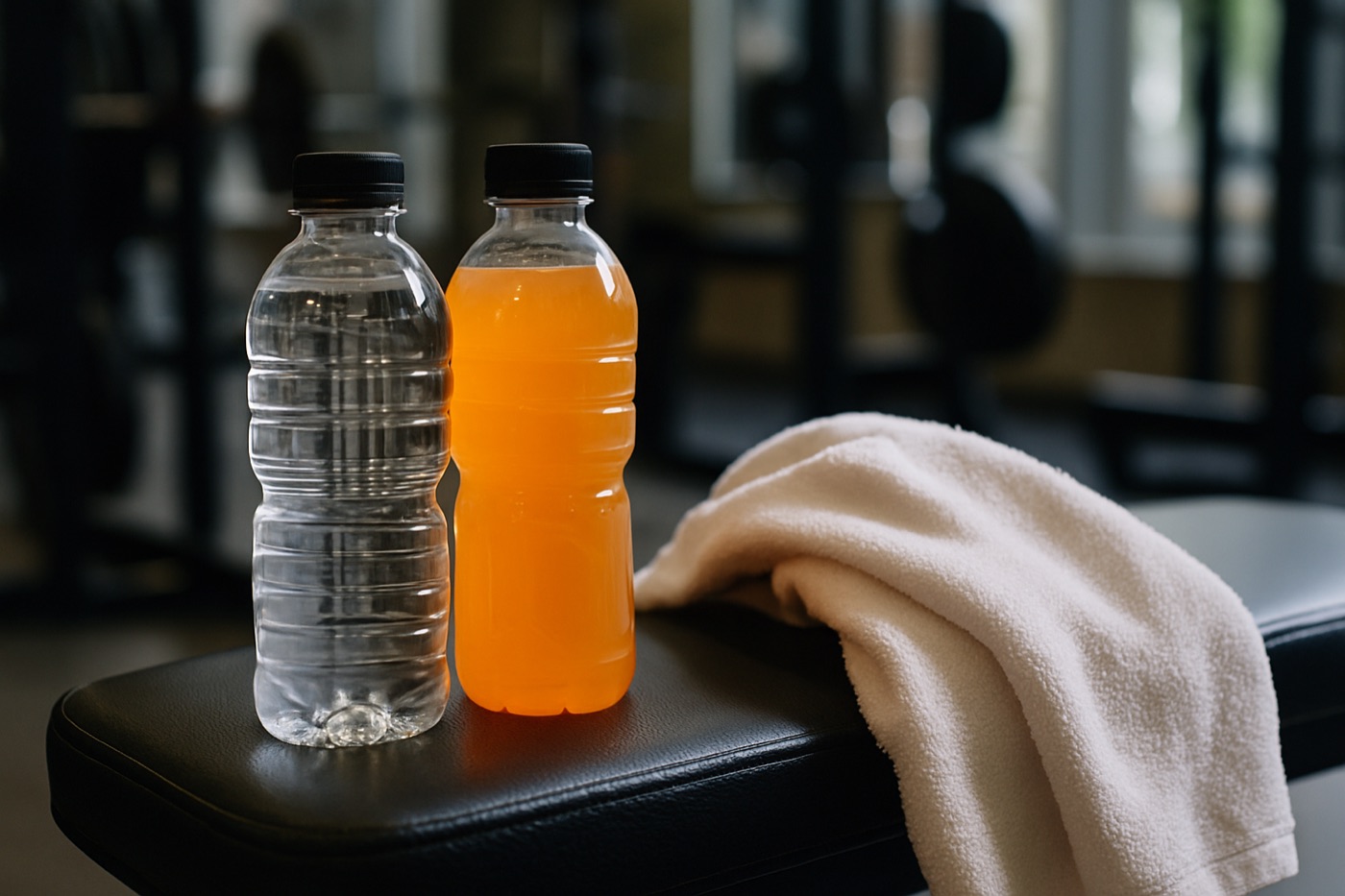 Two unbranded bottles on a gym bench, one with water and one with an orange sports drink