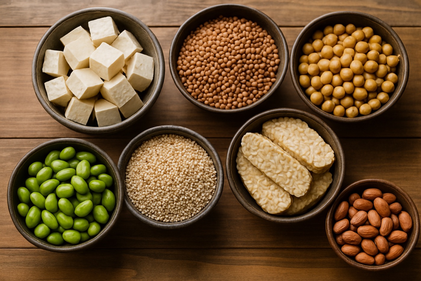 Bowls of tofu, tempeh, lentils, chickpeas, edamame, quinoa and peanuts on a wooden table