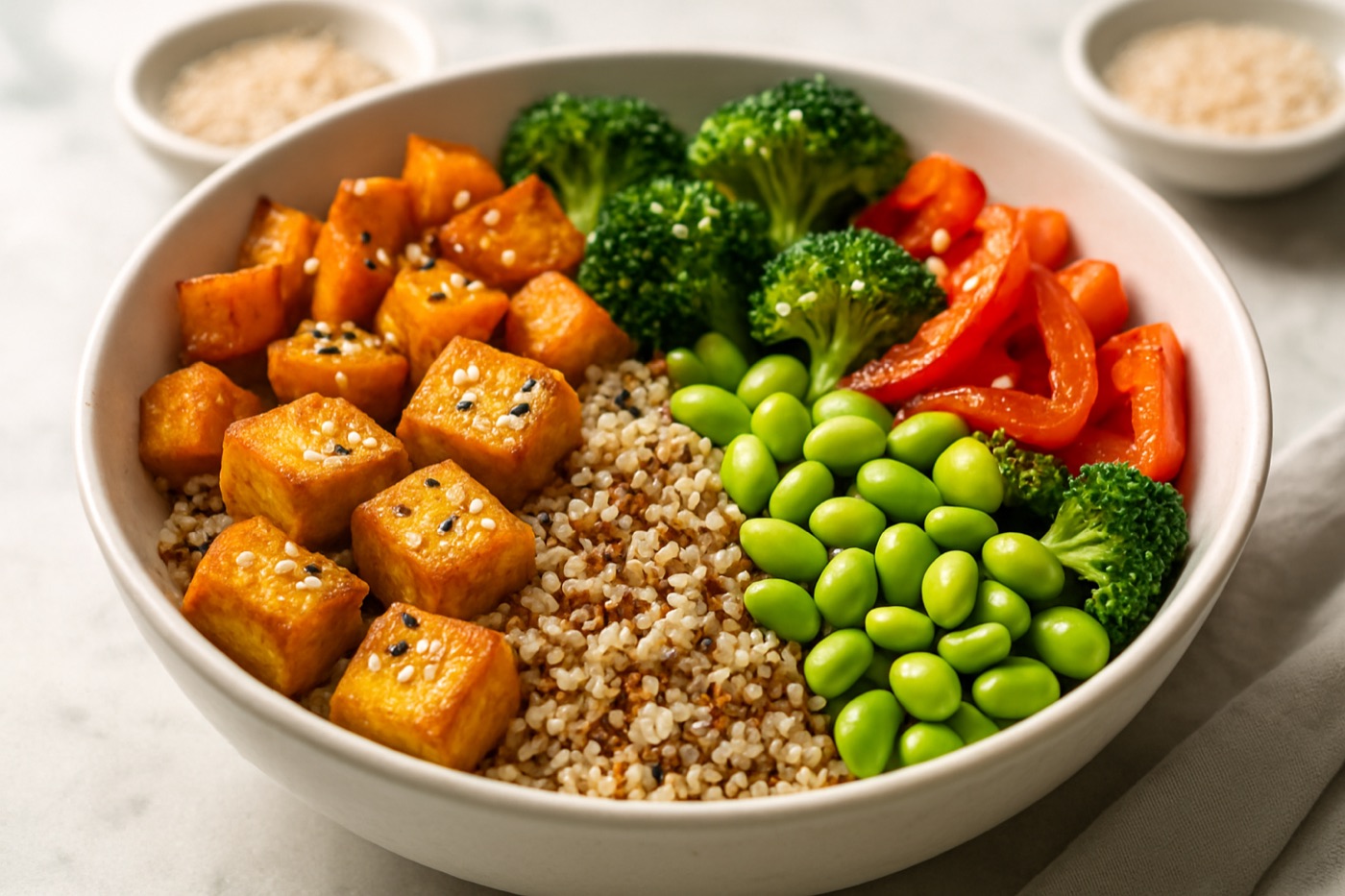 A grain bowl with crispy tofu, quinoa, edamame and roasted vegetables