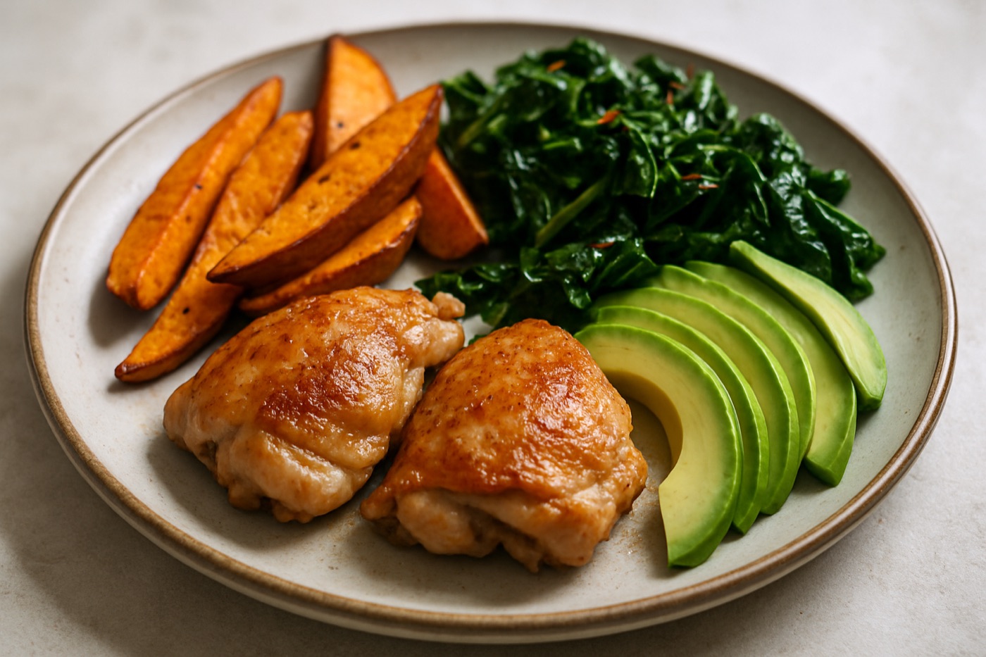 A whole-food dinner plate with roasted chicken thighs, sweet potato wedges, greens and avocado