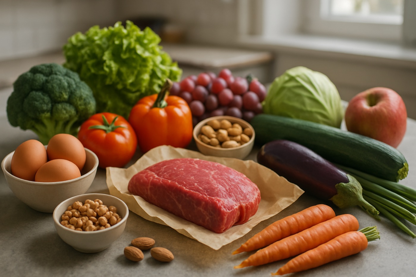 Fresh groceries on a kitchen counter: vegetables, eggs, meat, nuts and fruit